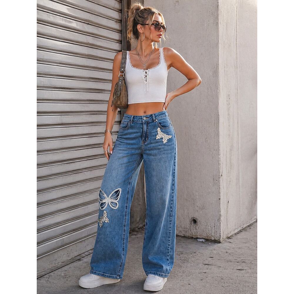 Cato High Rise Wide Leg Jeans Sz 10 Rhinestone Butterfly Embellished Blue Denim